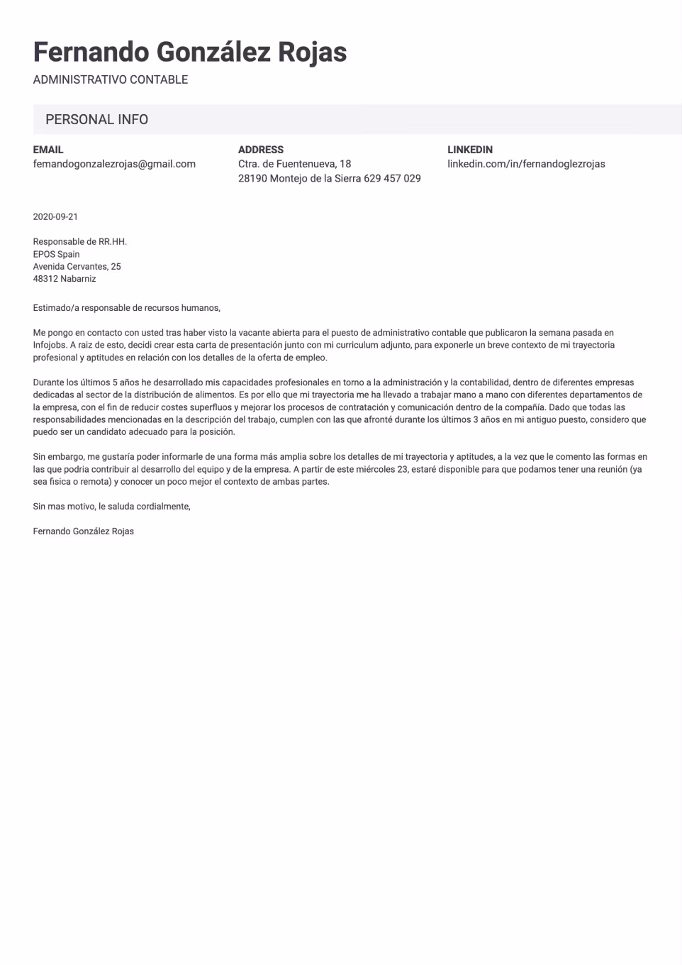 Carta de presentación vintage