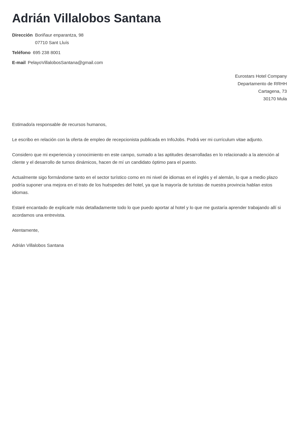 Ejemplo Carta De Presentacion Oferta Laboral