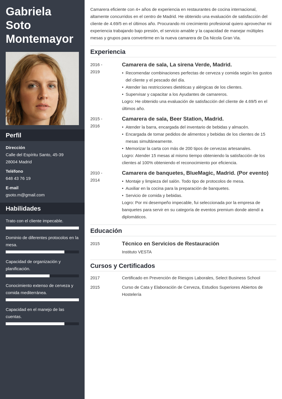 Dalset anunciar para agregar Curriculum Vitae de Camarero: Ejemplo de CV para Camarera