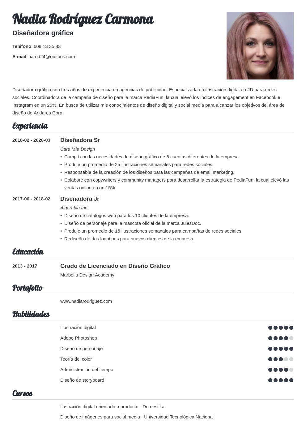 Currículum de diseñador gráfico guía con modelo de CV