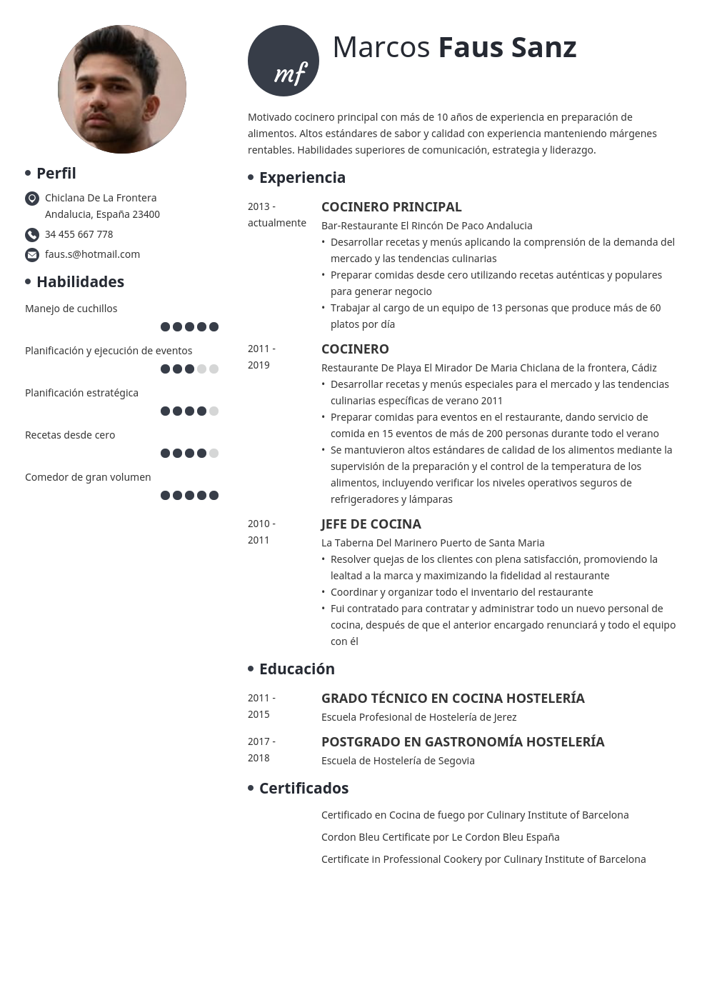 Ejemplo de CV para Cocinero: Curriculum Vitae para Cocina