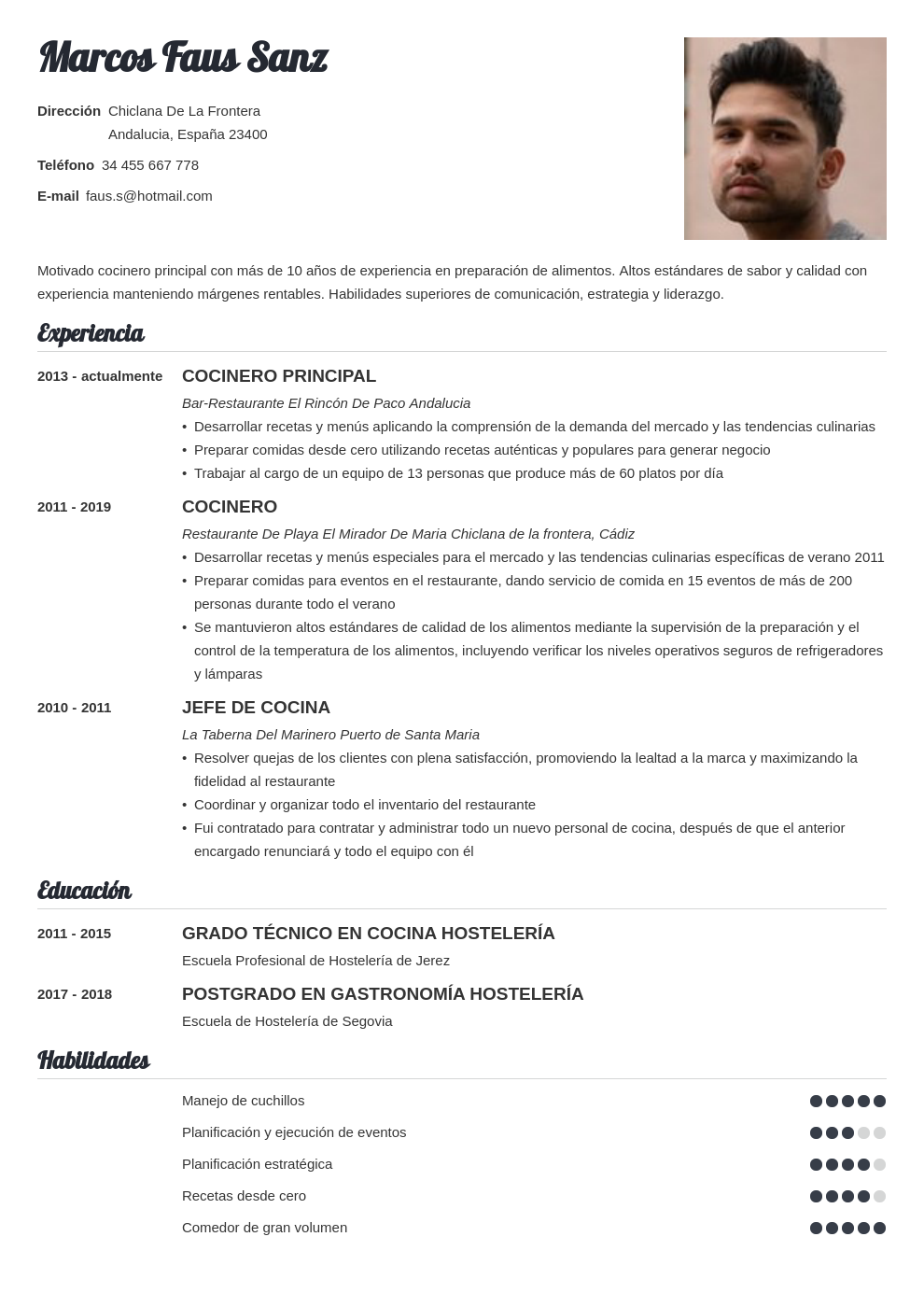 Ejemplo de CV para Cocinero: Curriculum Vitae para Cocina