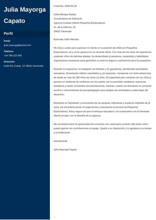 modelo de carta de presentación para niñera