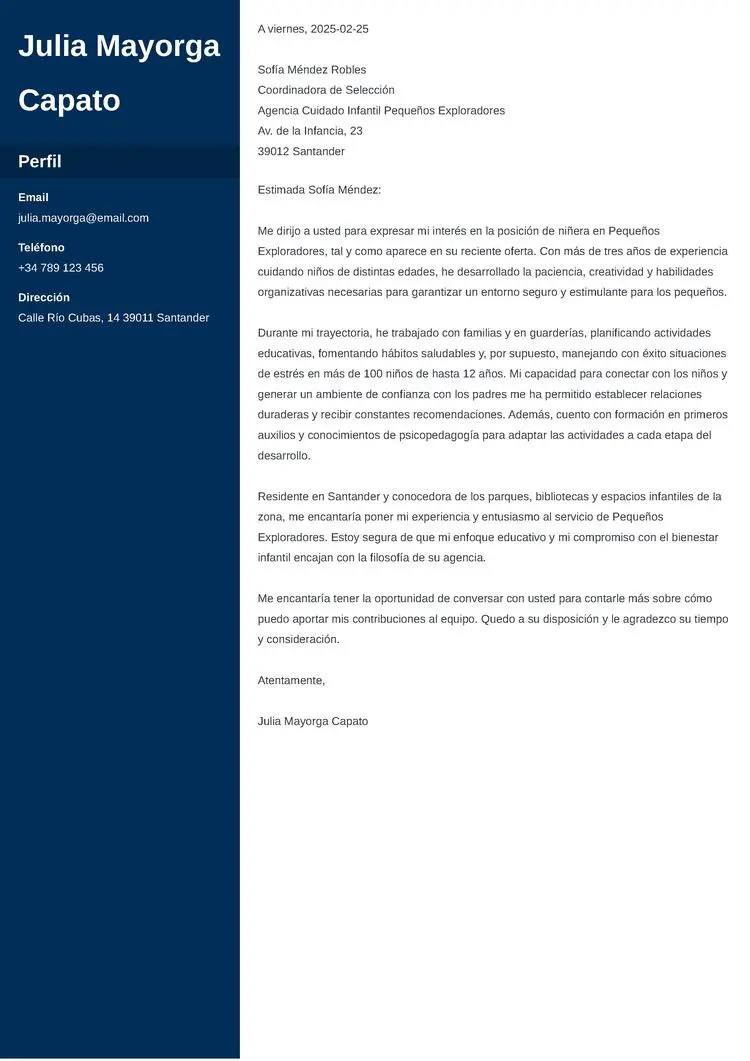 modelo de carta de presentación para niñera