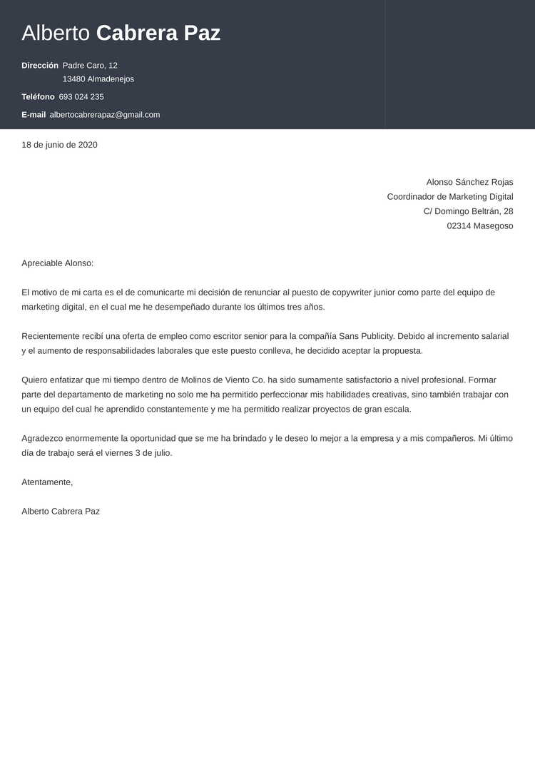 formato de carta de renuncia para una mejor oportunidad