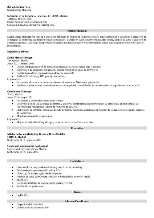 Ejemplo de CV creado con una aplicación para hacer el currículum en el móvil