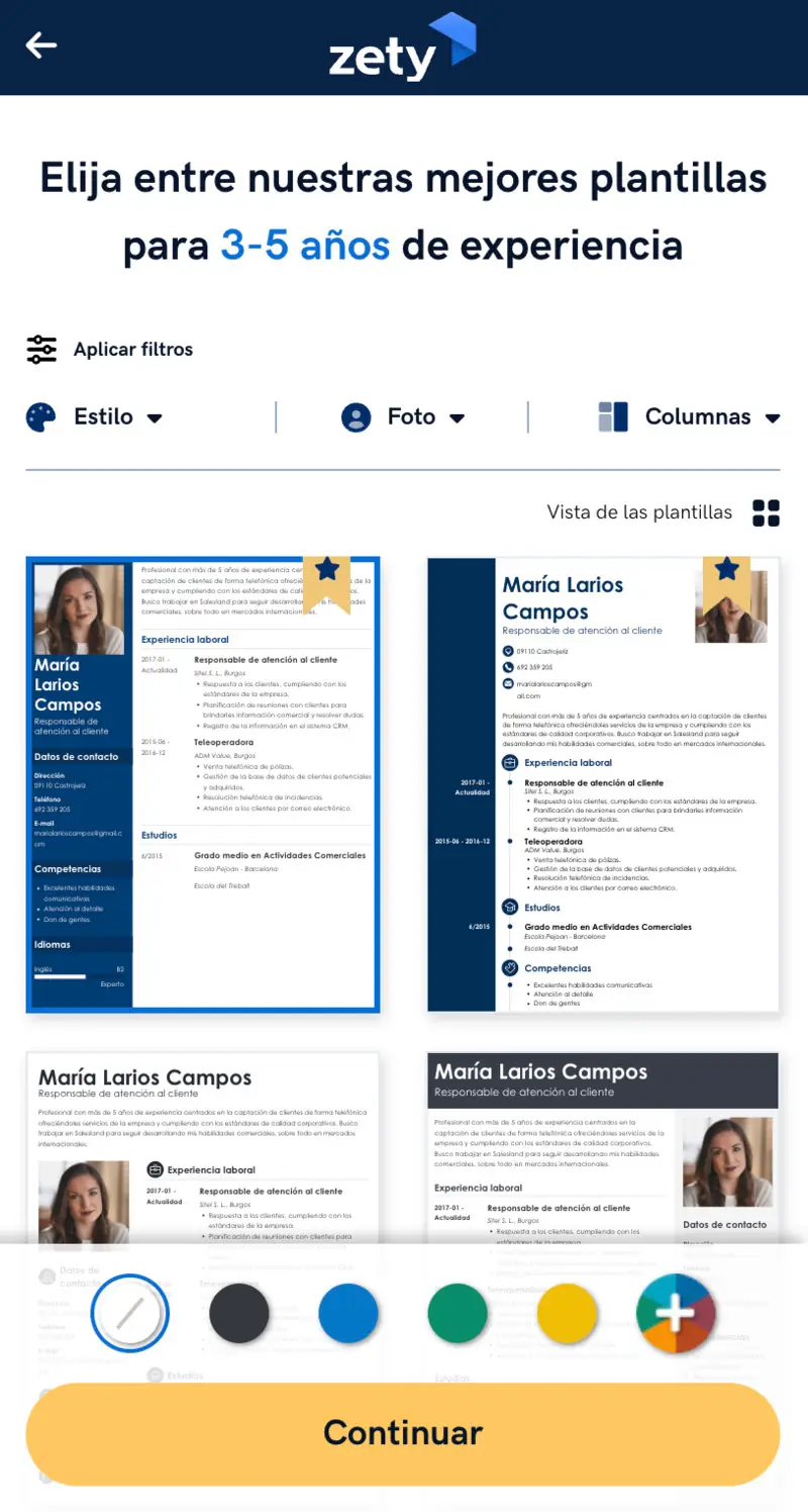 Elegir plantilla para una hoja de vida en el celular