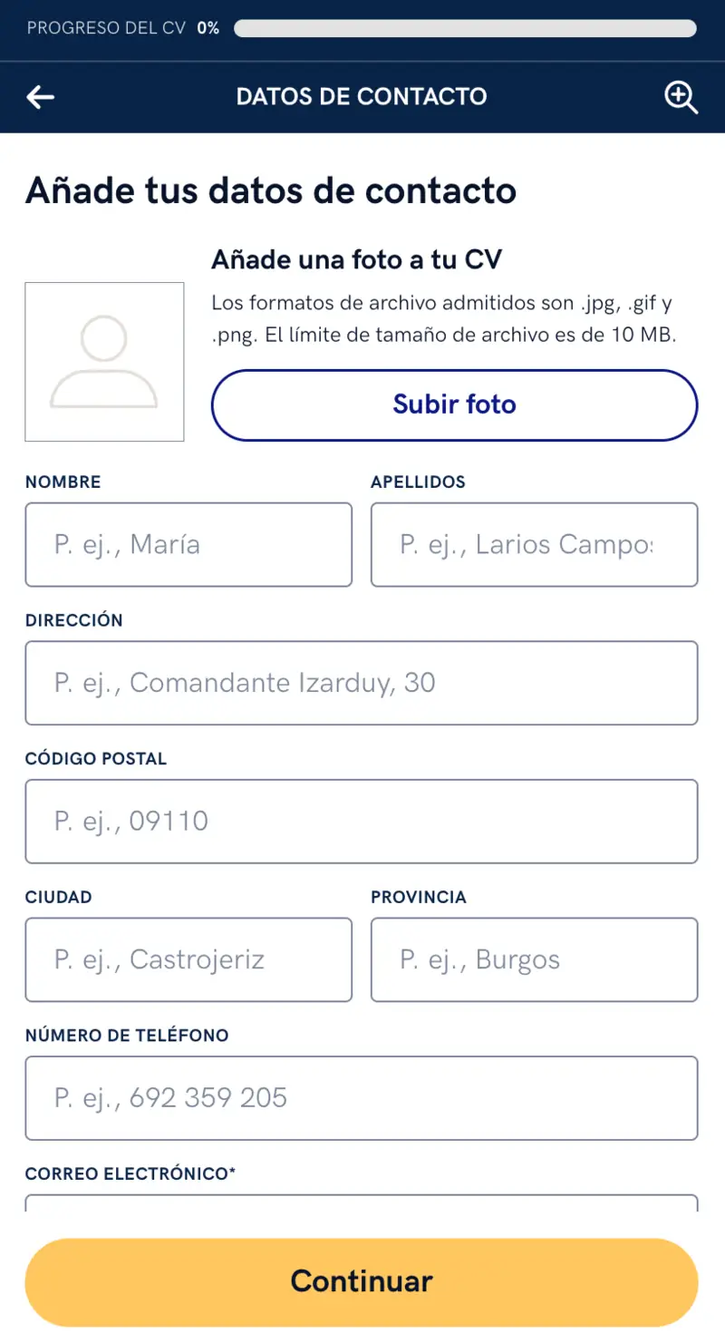 Ejemplo de cómo hacer una sección de una hoja de vida en el celular