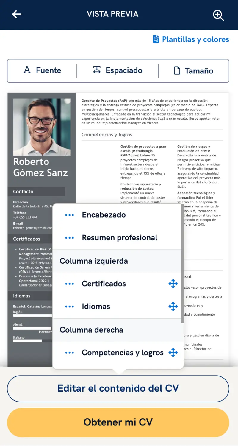 Menú de la aplicación para hacer una hoja de vida en el celular