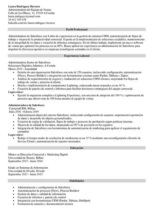ejemplo de currículum de administrador del equipo de ventas