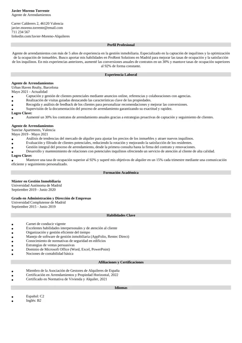 ejemplo de currículum para agente de arrendamientos