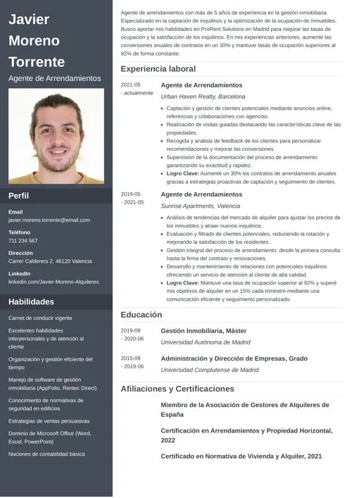 ejemplo de currículum para agente de arrendamientos