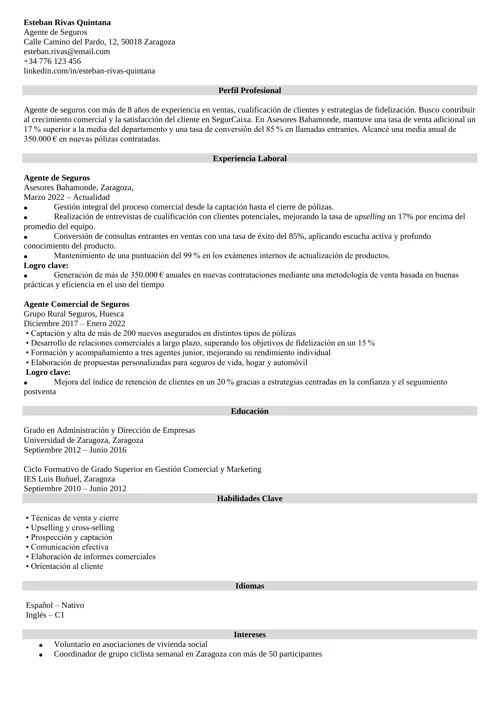 ejemplo de currículum de agente de seguros