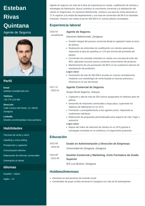ejemplo de currículum de agente de seguros