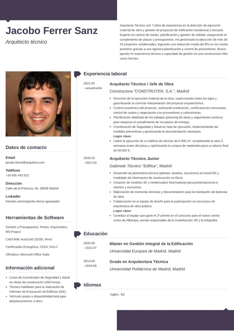 plantilla para currículum de arquitecto técnico