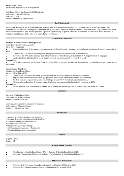 ejemplo de currículum de asistente de administración de propiedades