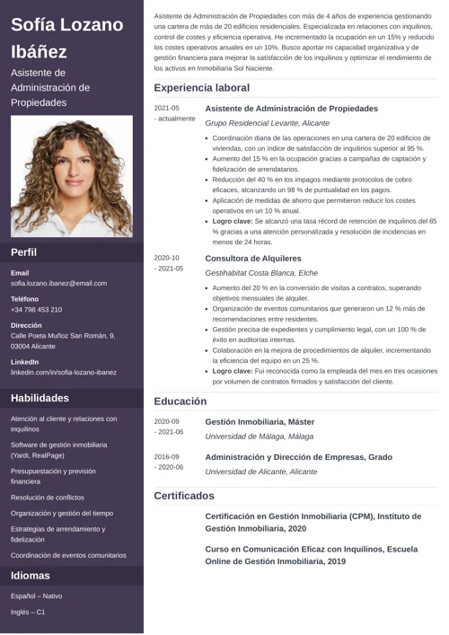 ejemplo de currículum de asistente de administración de propiedades