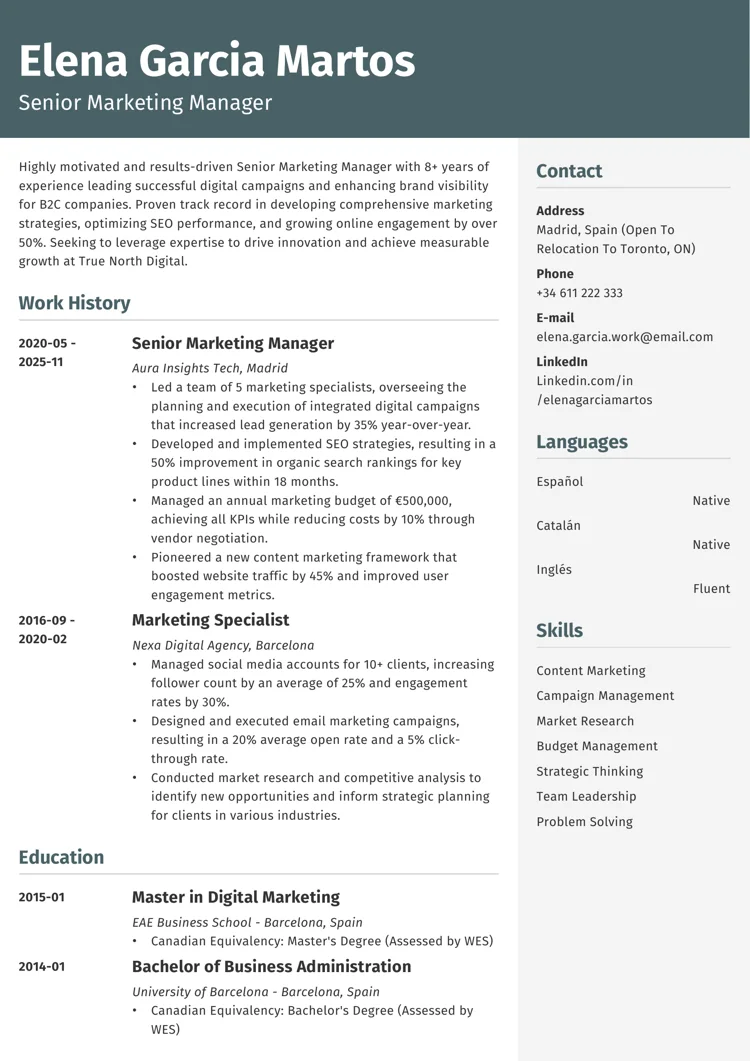 plantilla de currículum canadiense con encabezado