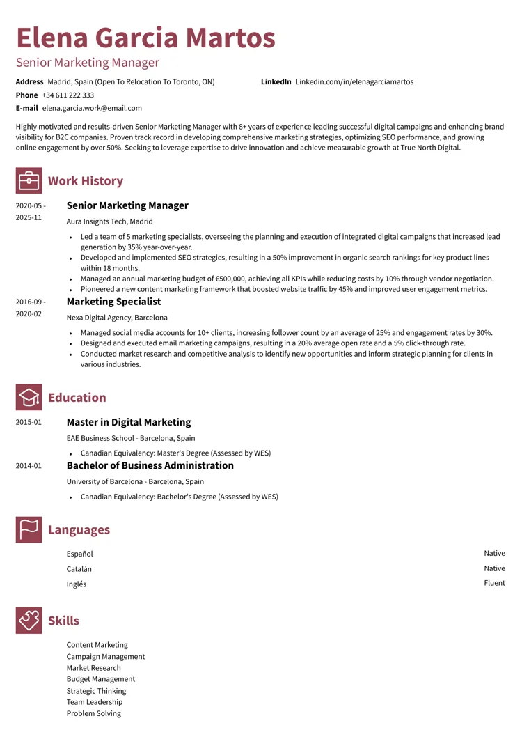 plantilla de currículum canadiense con iconos