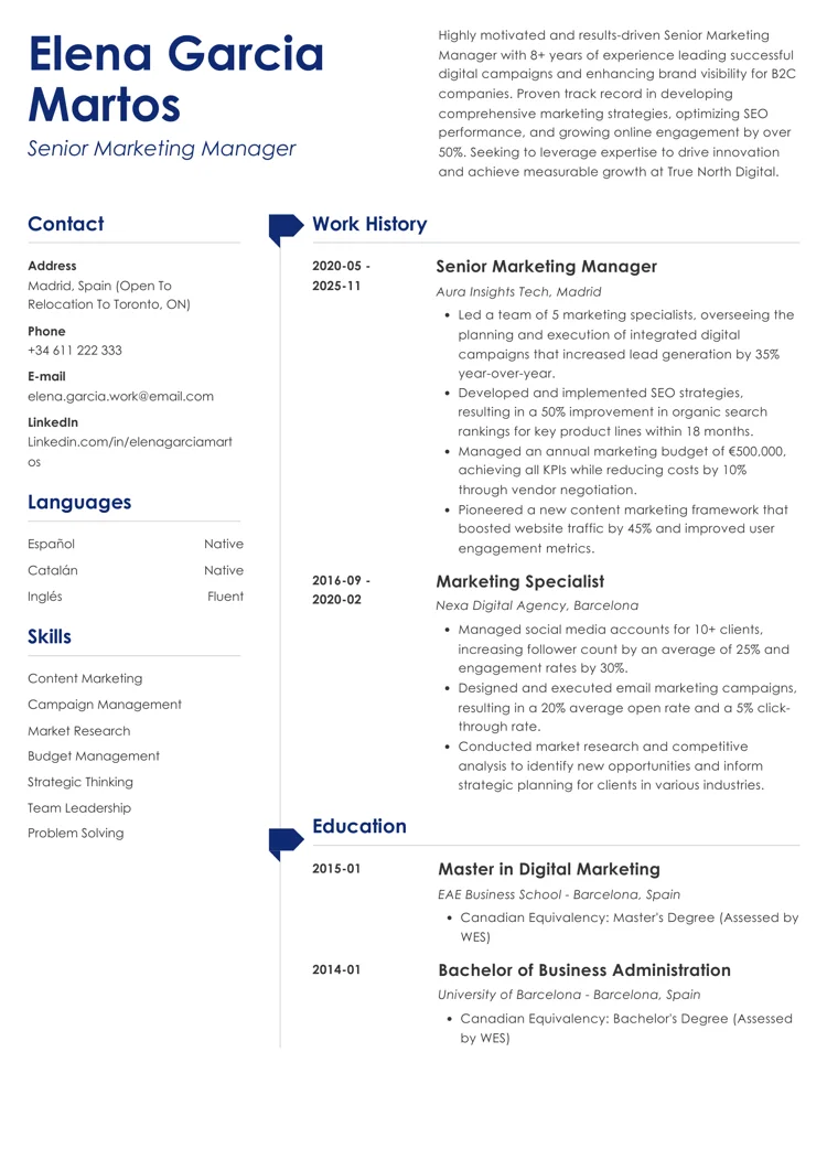 plantilla de CV canadiense a dos columnas