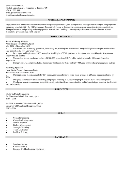 ejemplo de CV canadiense