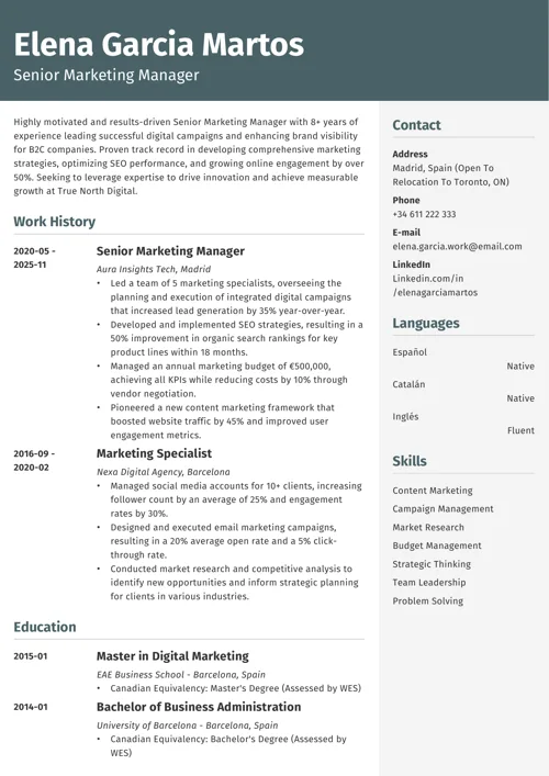 ejemplo de CV canadiense