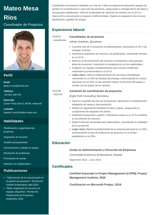 ejemplo de currículum de coordinador de proyectos