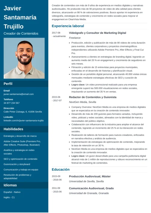 ejemplo de currículum de creador de contenido