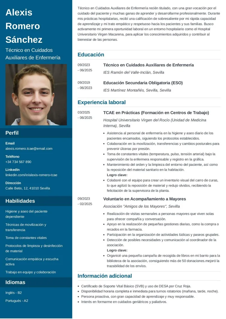 ejemplo de currículum de auxiliar de enfermería sin experiencia
