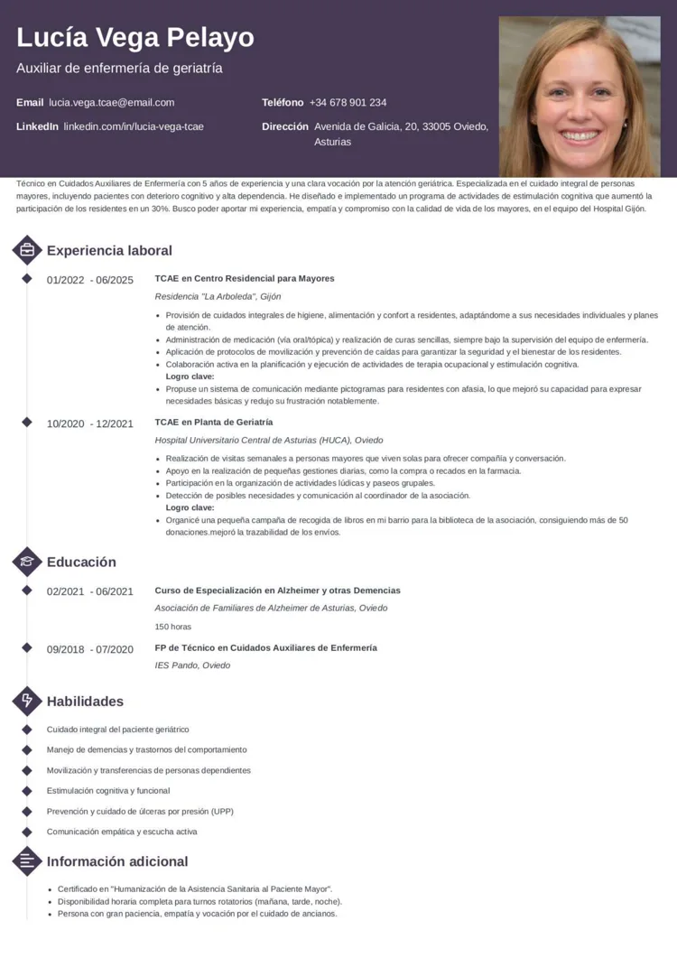 ejemplo de curriculum de auxiliar de enfermería en geriatría