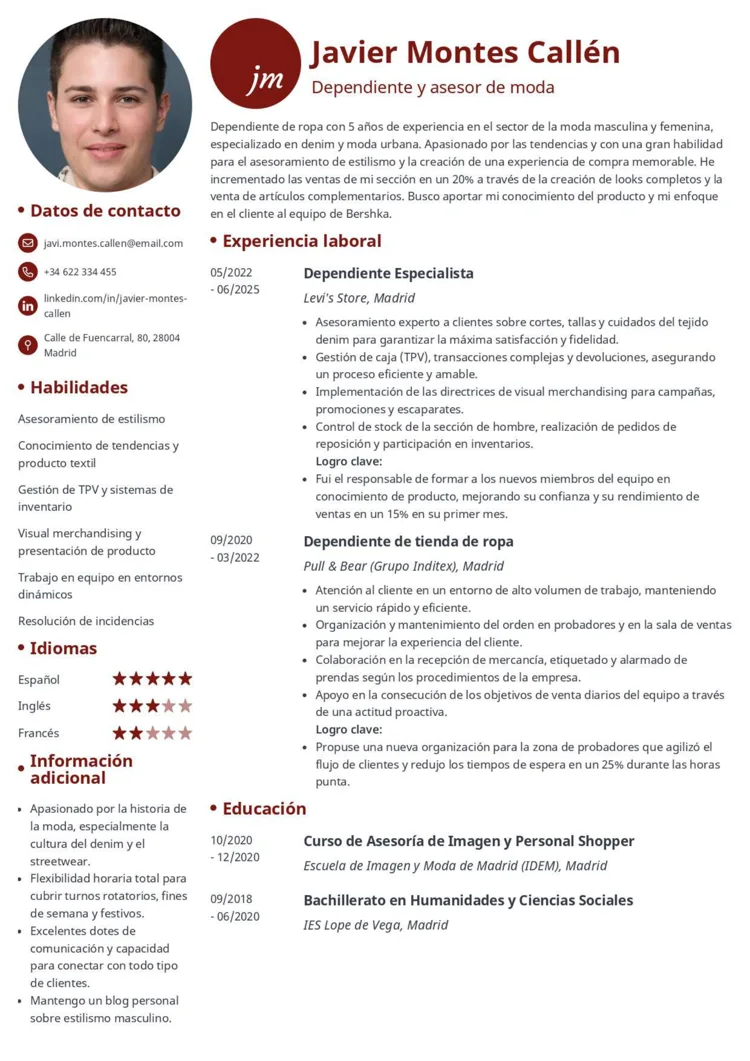 Ejemplo de currículum de dependienta