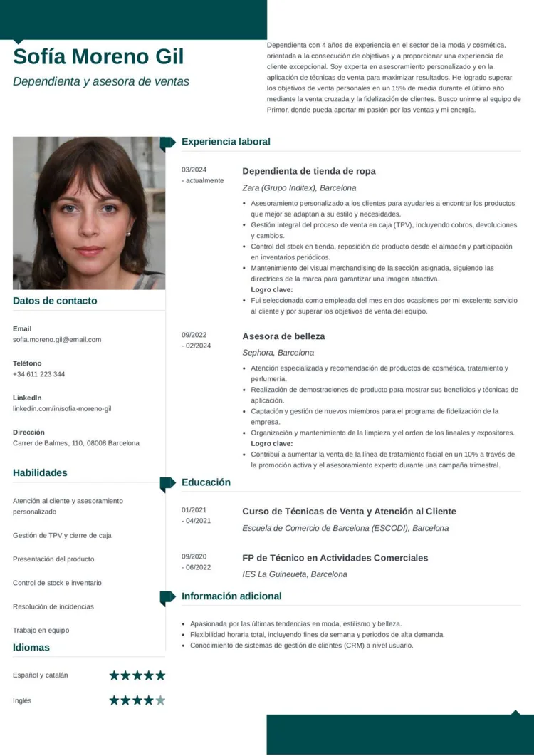 plantilla para currículum de dependienta