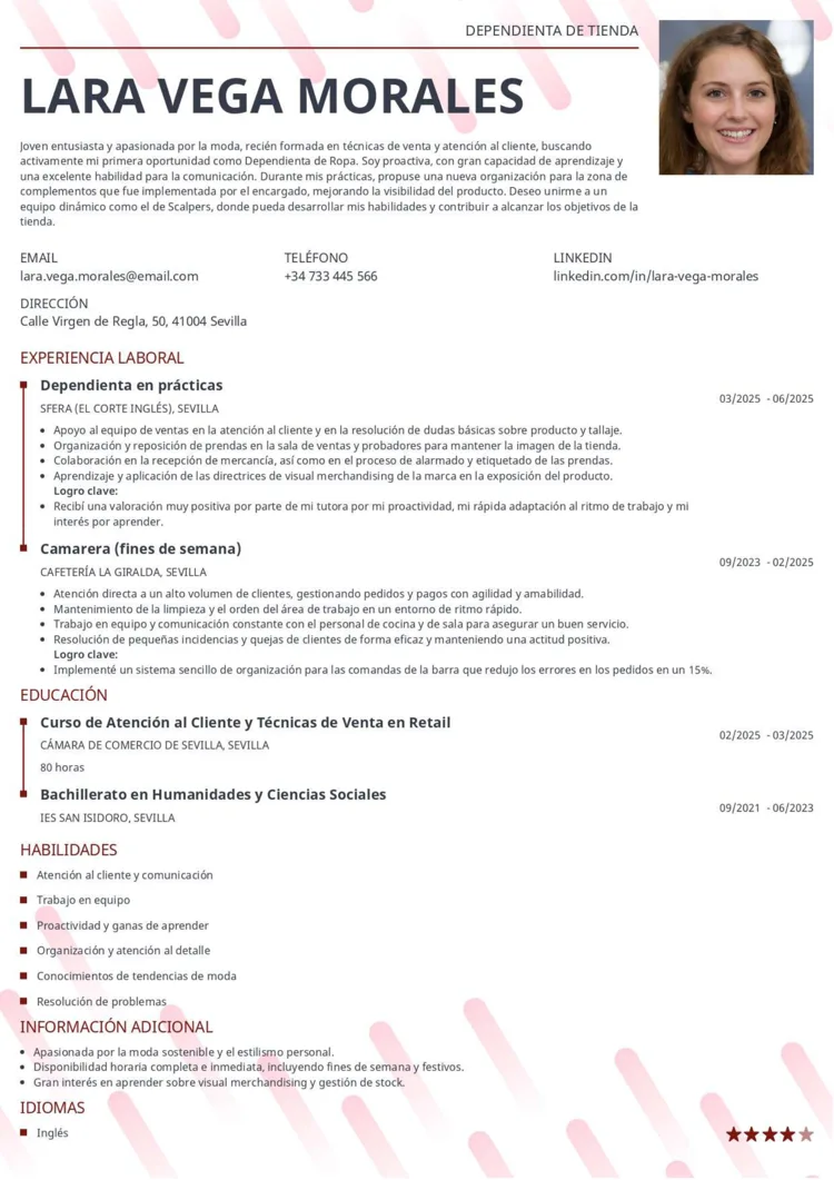 plantilla para currículum de dependienta sin experiencia
