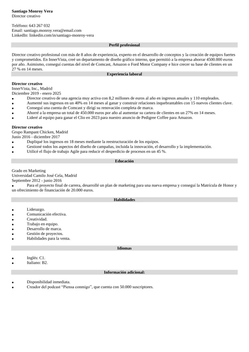 Ejemplo de currículum de director creativo