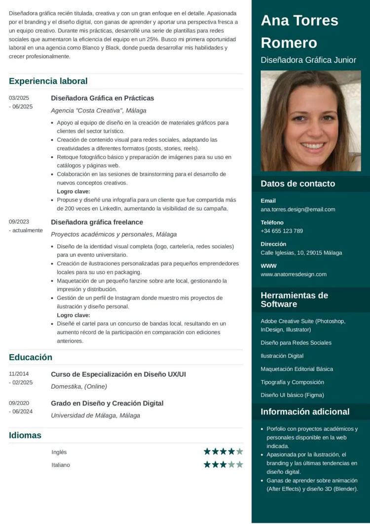 plantilla de currículum de diseñador gráfico junior