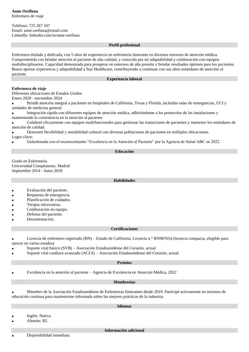 Ejemplo de currículum de enfermera de viaje