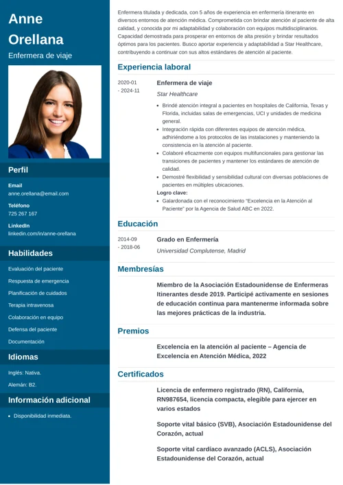 Ejemplo de currículum de enfermera de viaje