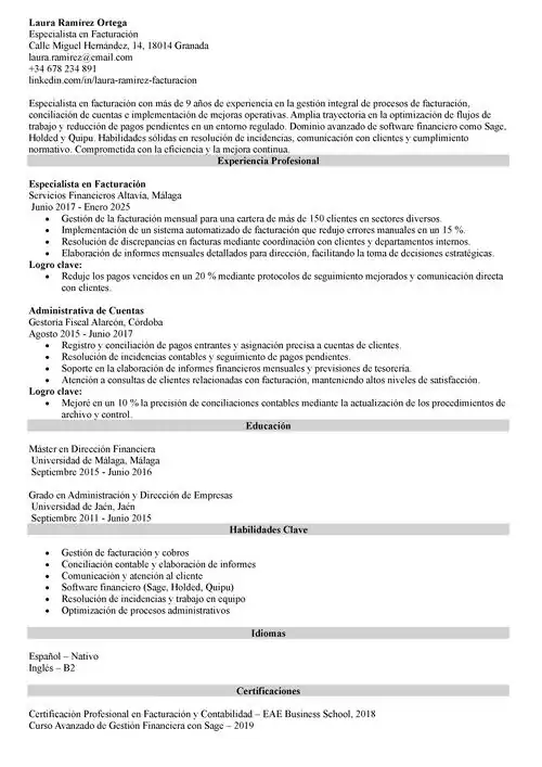 ejemplo de currículum de especialista en facturación