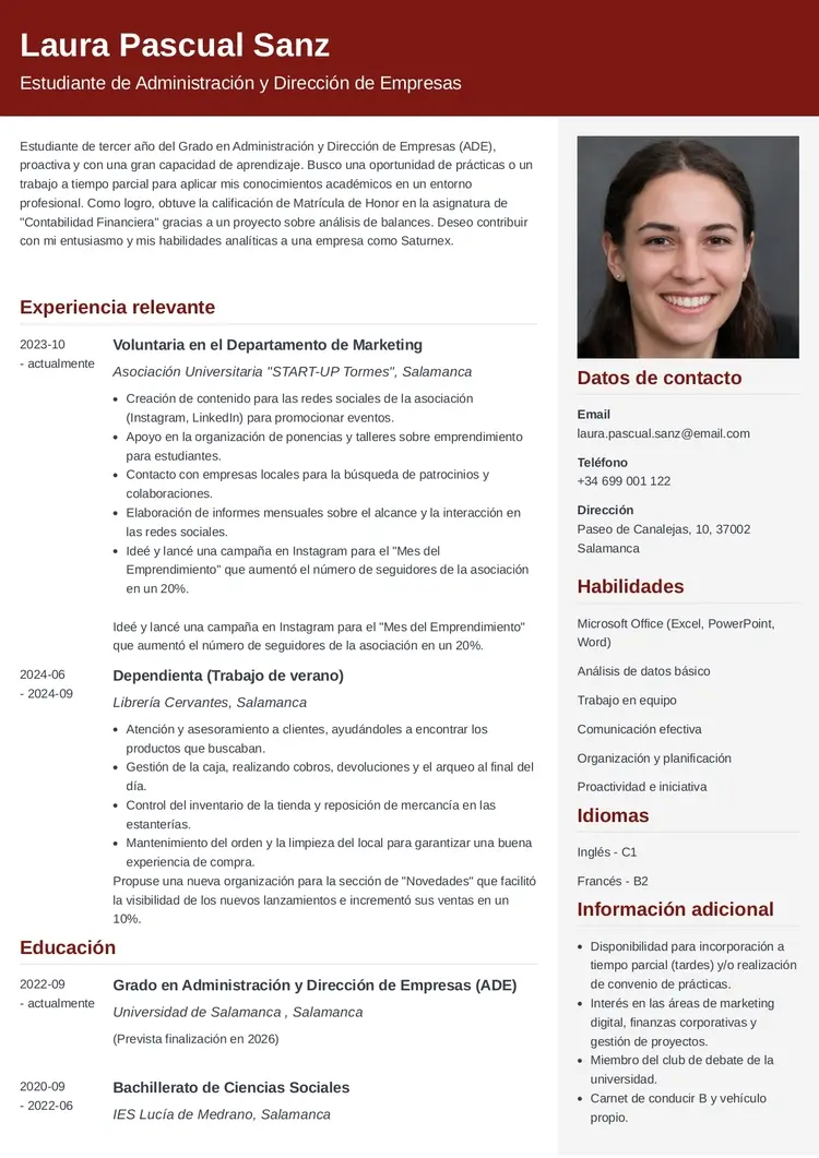 ejemplo de currículum de estudiante
