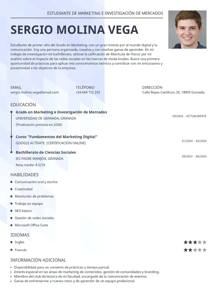 plantilla de currículum para estudiante universitario