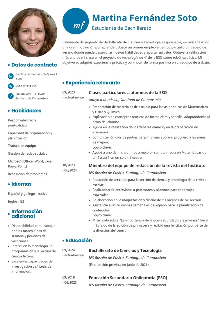 plantilla de currículum para estudiante de bachillerato