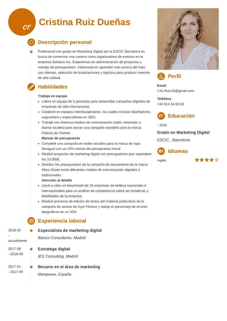 Plantilla de CV funcional naranja con iconos en secciones