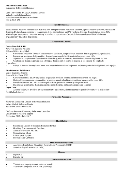 ejemplo de currículum para generalista de recursos humanos
