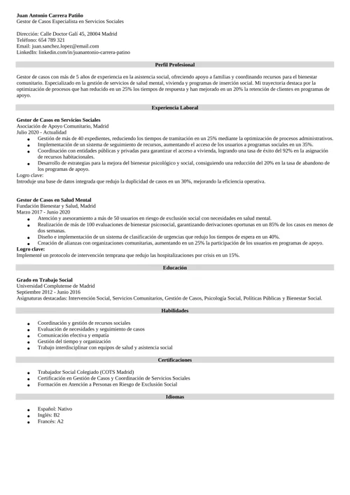 ejemplo de currículum de gestor de casos