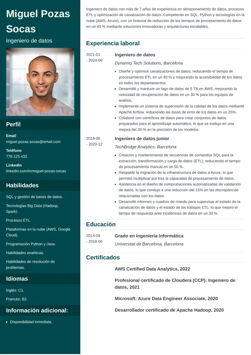 Ejemplo de currículum de ingeniero de datos