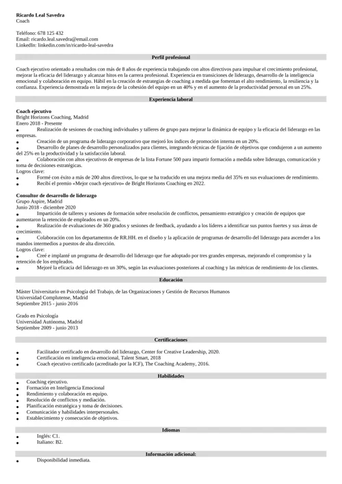 Ejemplo de currículum de coach