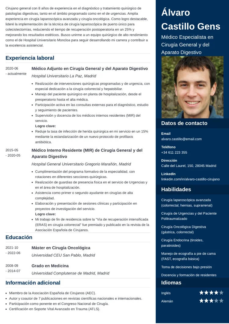 plantilla de currículum para médico cirujano