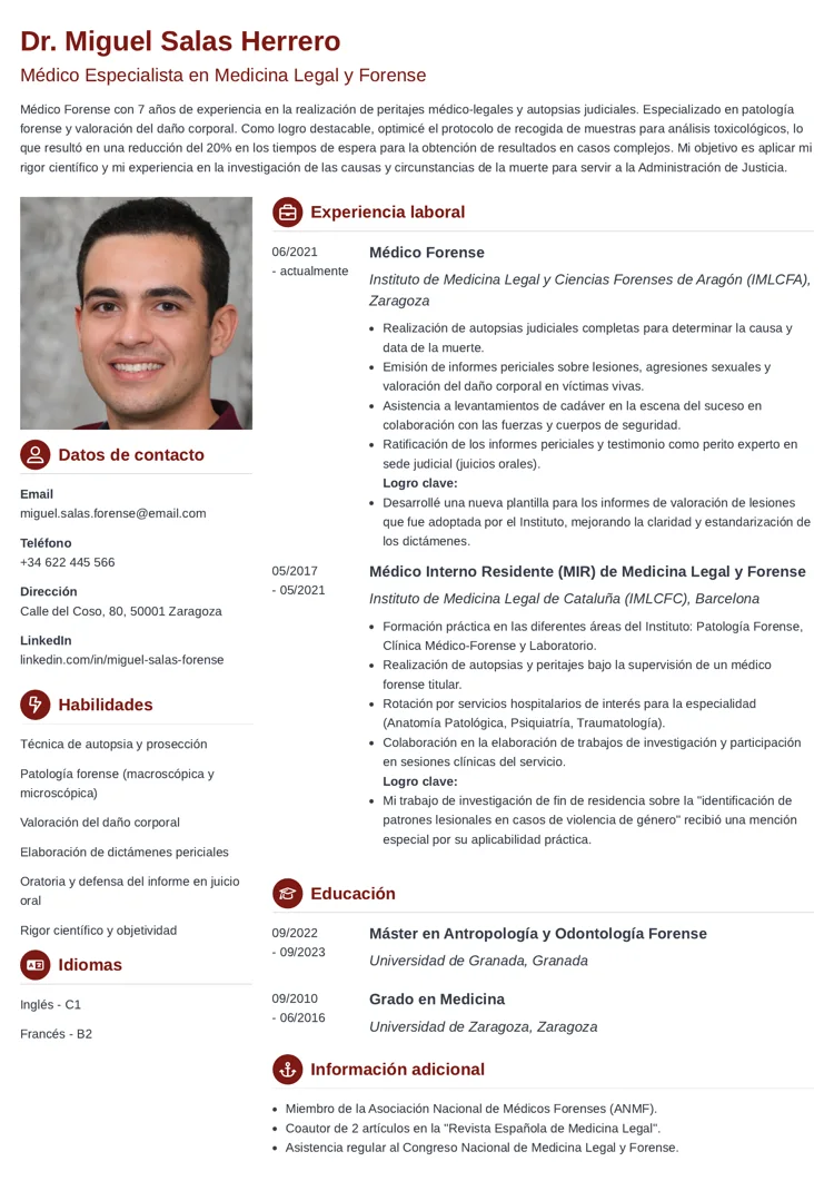 plantilla de currículum para médico forense