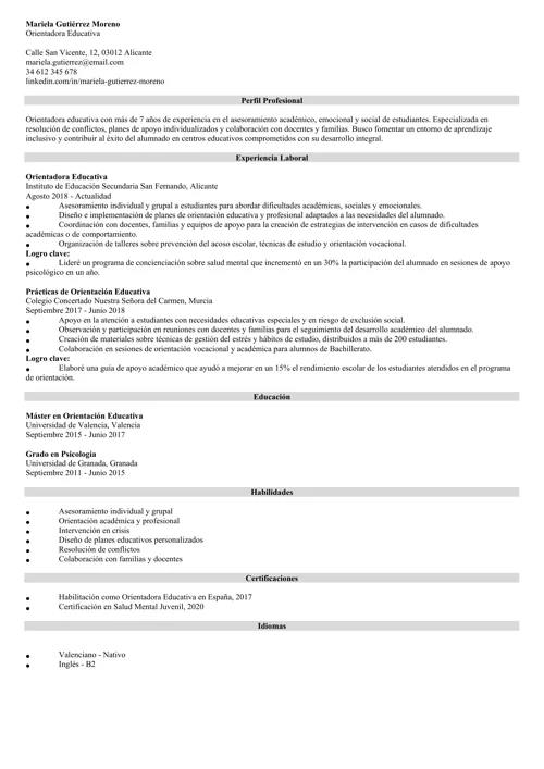 ejemplo de currículum de orientador educativo