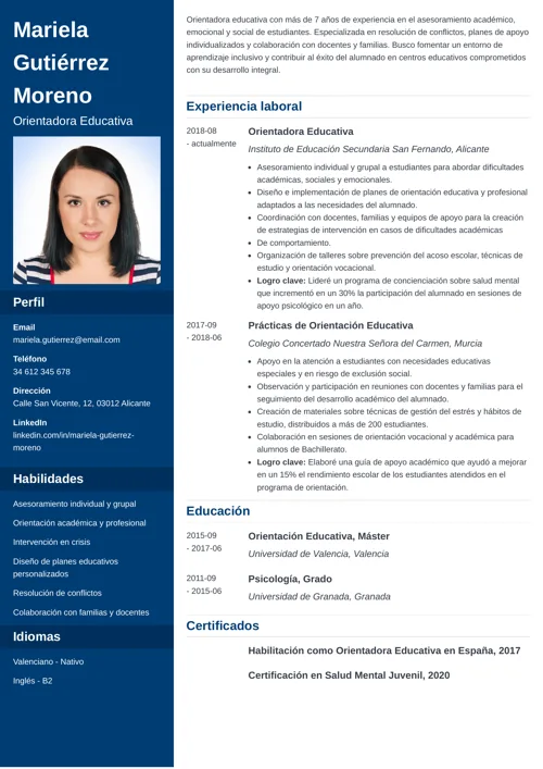 ejemplo de currículum de orientador educativo